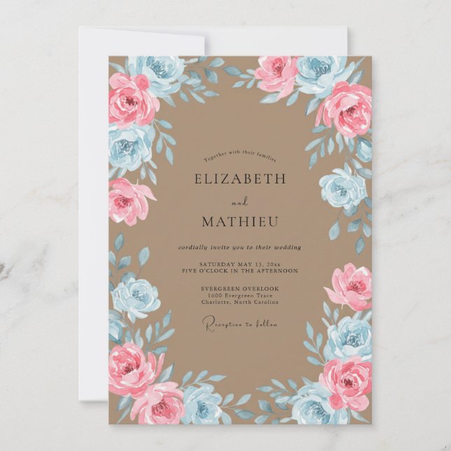Convites Casamento Floral Romântico Bege (Frente)