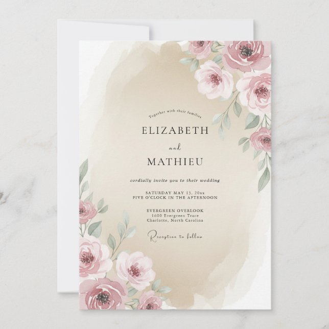 Convites Casamento Floral Romântico Bege Areia (Frente)