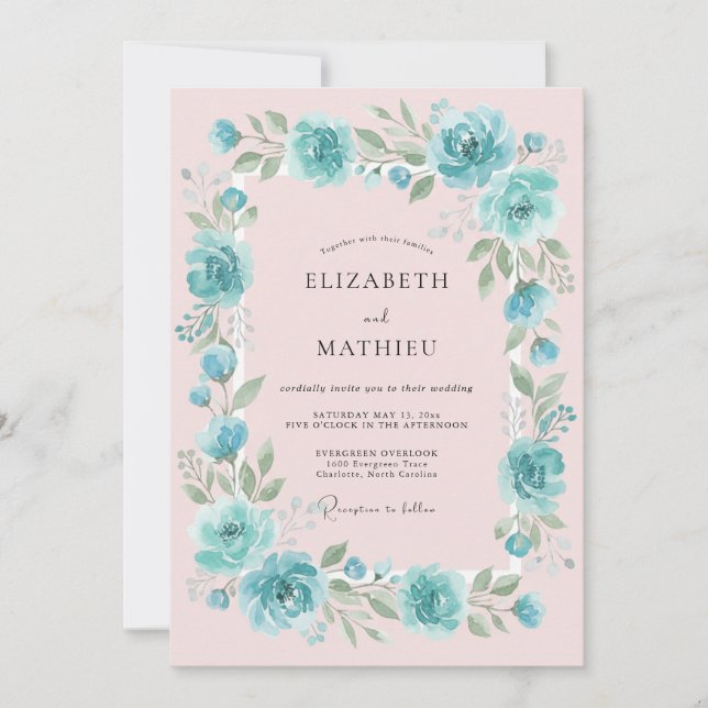 Convites Casamento Floral Romântico Bege Azul (Frente)