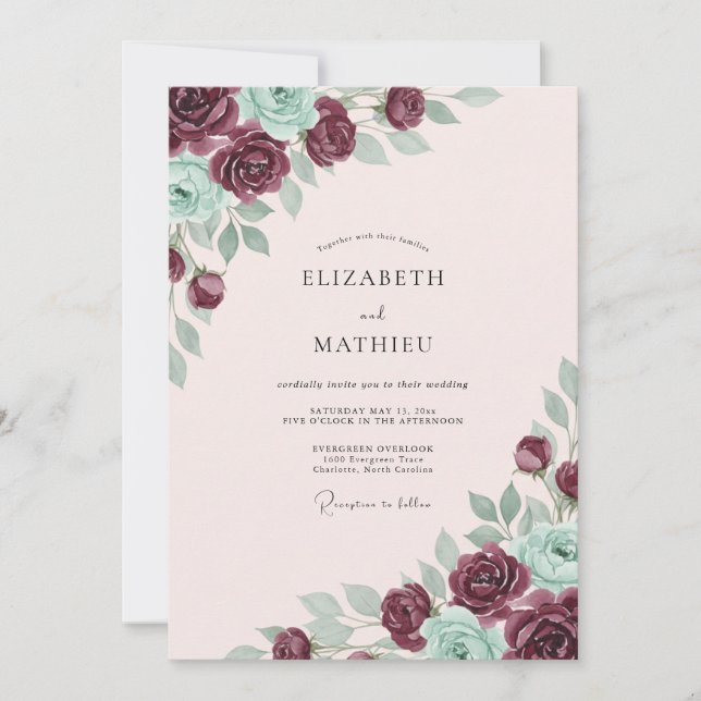 Convites Casamento Floral Romântico Bege Borgonha (Frente)