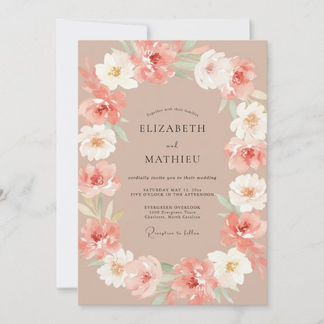 Convites Casamento Floral Romântico Bege Rosa (Frente)