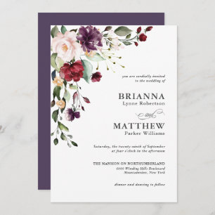 Convites Casamento Floral Romântico Blush Plum Verde