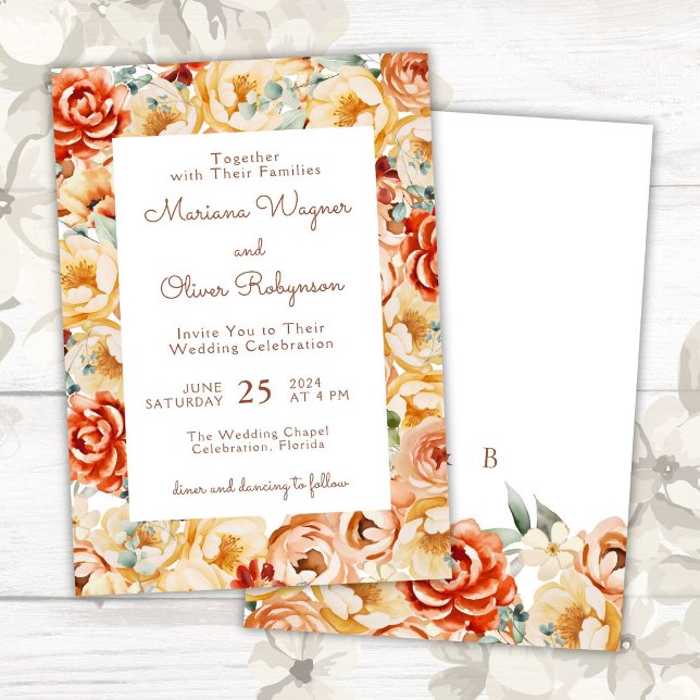 Convites Casamento Floral Romântico Branco Bege Pêssego Fer (Criador carregado)