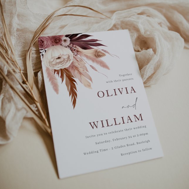 Convites Casamento Floral Romântico Burgundy e Blush Boho (Criador carregado)