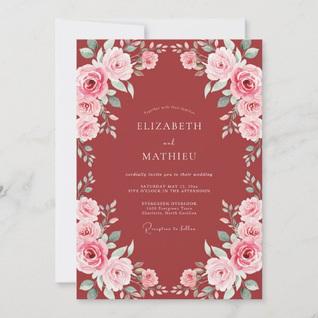 Convites Casamento Floral Romântico Carmesim (Frente)