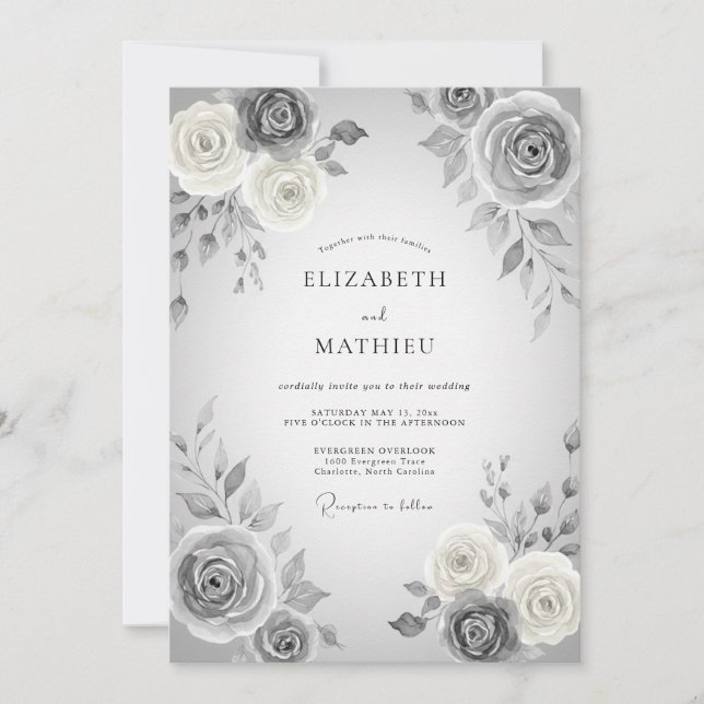 Convites Casamento Floral Romântico Cinza (Frente)