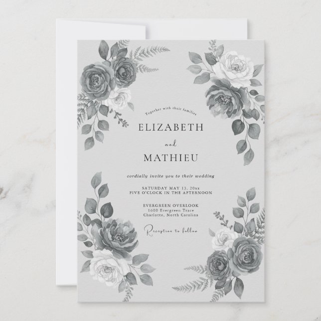 Convites Casamento Floral Romântico Cinza Ardósia (Frente)