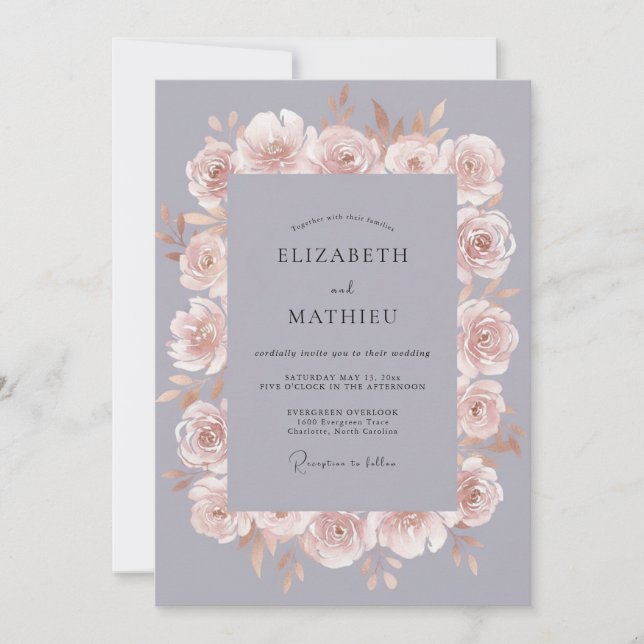 Convites Casamento Floral Romântico Cinza Ardosia (Frente)