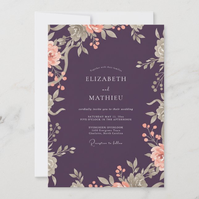 Convites Casamento Floral Romântico com Ameixa e Pêssego (Frente)