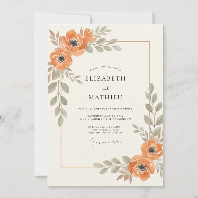 Convites Casamento Floral Romântico com Apricot Sage (Frente)