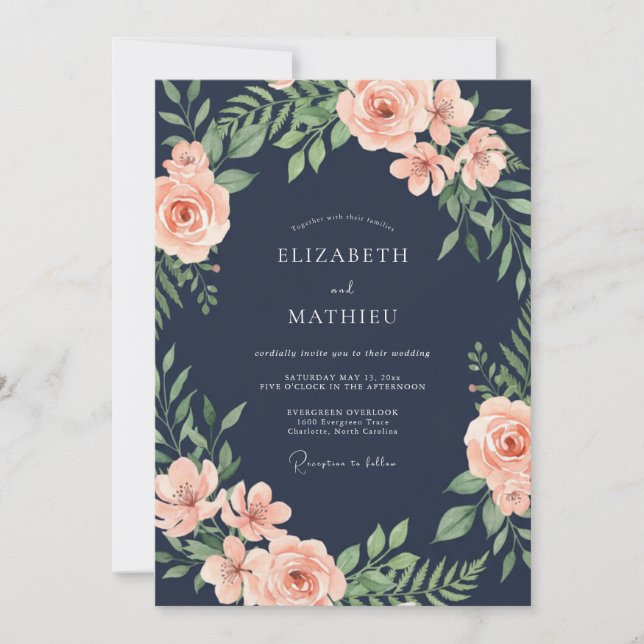 Convites Casamento Floral Romântico com Bege Marinho (Frente)