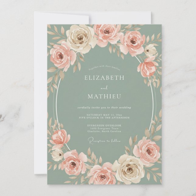 Convites Casamento Floral Romântico com Bege Sage (Frente)