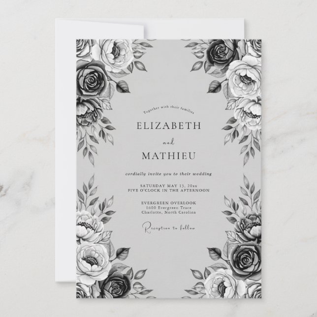 Convites Casamento Floral Romântico com Carvão (Frente)