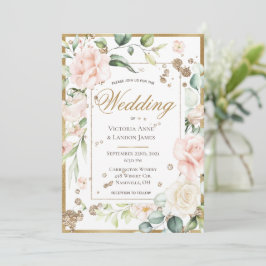 Convites Casamento Floral Romântico com Dourado Aquarela