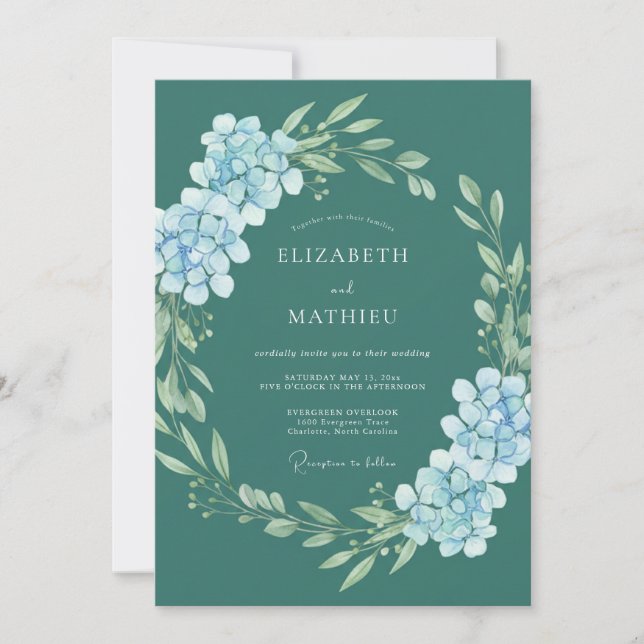 Convites Casamento Floral Romântico com Hortênsias Azuis (Frente)
