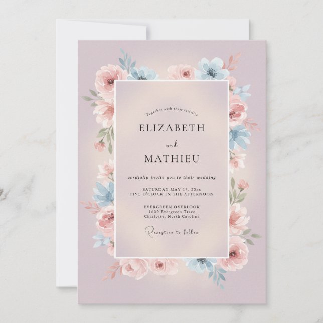 Convites Casamento Floral Romântico com Redemoinho de Lavan (Frente)