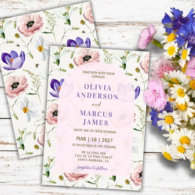 Convites Casamento Floral Romântico com Rosa e Lavanda (Criador carregado)