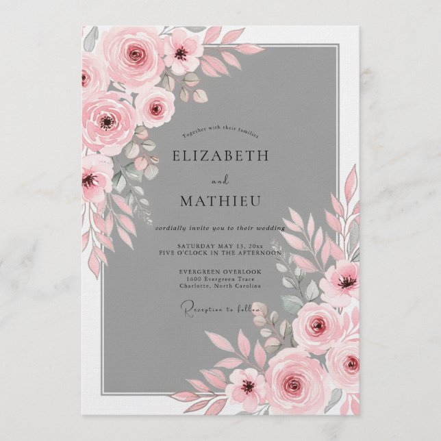 Convites Casamento Floral Romântico com Rubor Rosa (Frente)