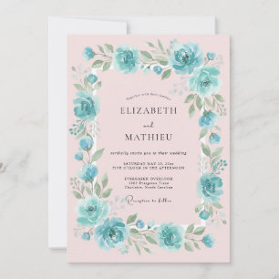 Convites Casamento Floral Romântico com Toque de Azul-Cinze