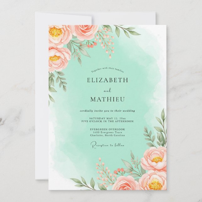 Convites Casamento Floral Romântico Coral Blush (Frente)