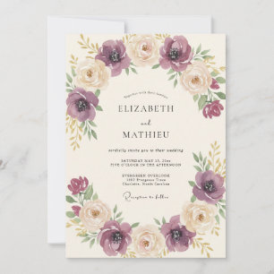 Convites Casamento Floral Romântico Creme de Ameixa