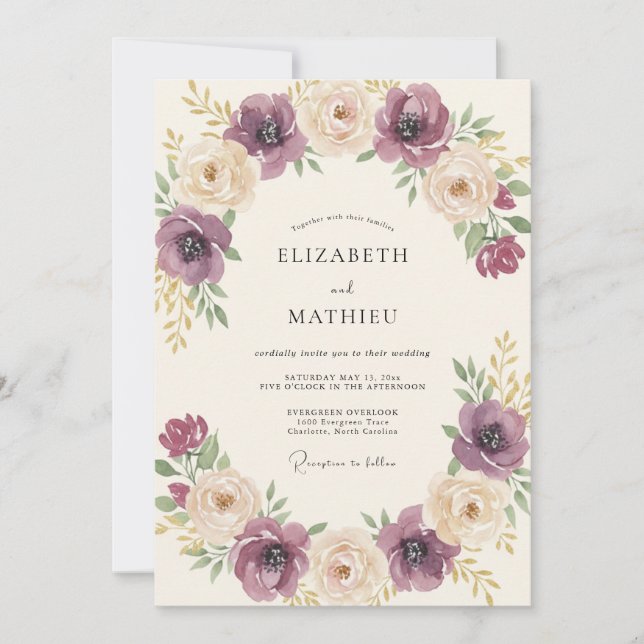 Convites Casamento Floral Romântico Creme de Ameixa (Frente)