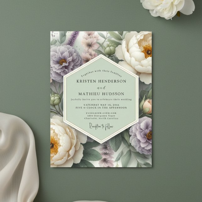 Convites Casamento Floral Romântico Creme Lavanda (Criador carregado)