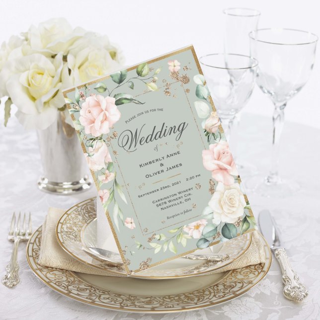 Convites Casamento Floral Romântico da Dourada Sage Green W (Criador carregado)