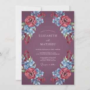 Convites Casamento Floral Romântico de Ameixa Profunda