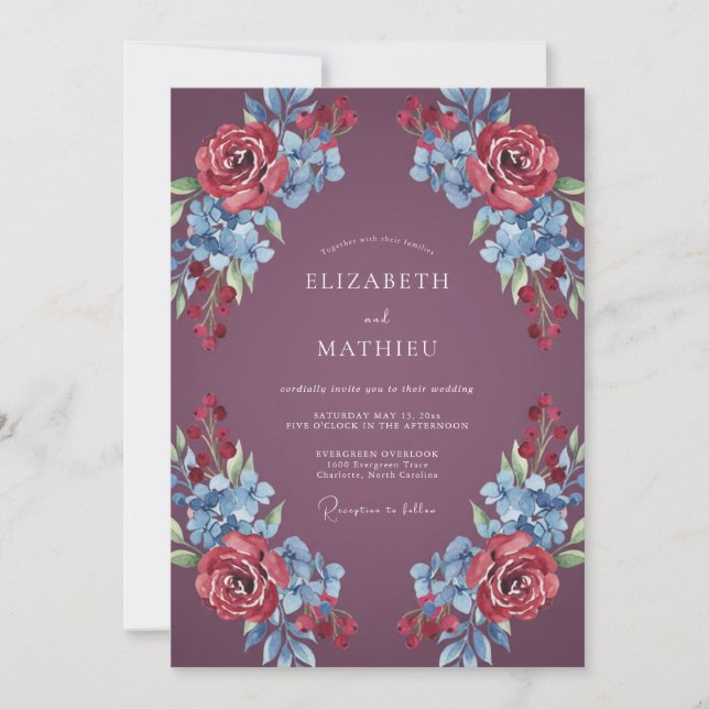 Convites Casamento Floral Romântico de Ameixa Profunda (Frente)