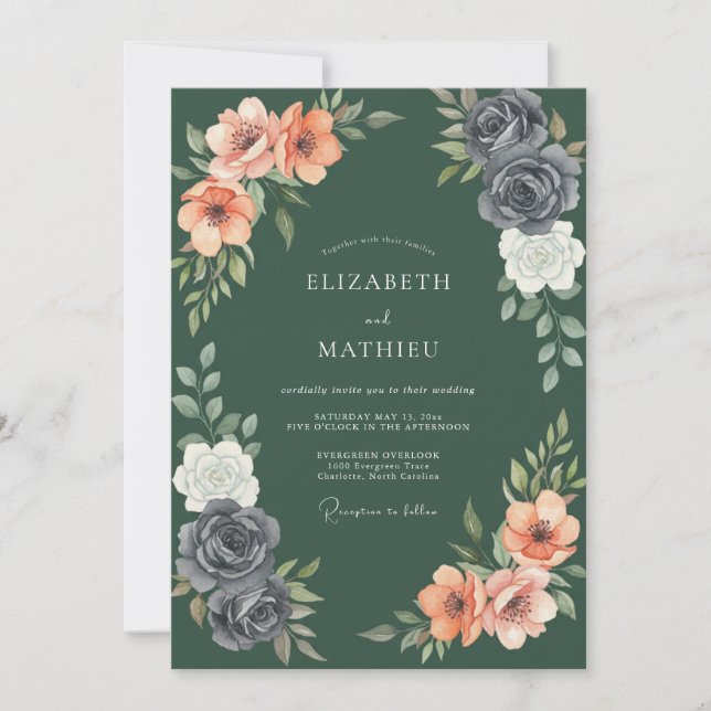 Convites Casamento Floral Romântico de Ameixa Profunda e Hu (Frente)