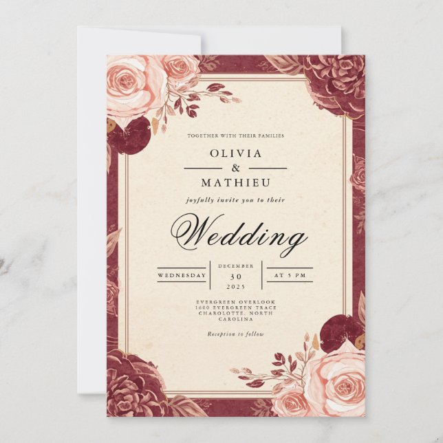 Convites Casamento Floral Romântico de Crimson Bloom (Frente)