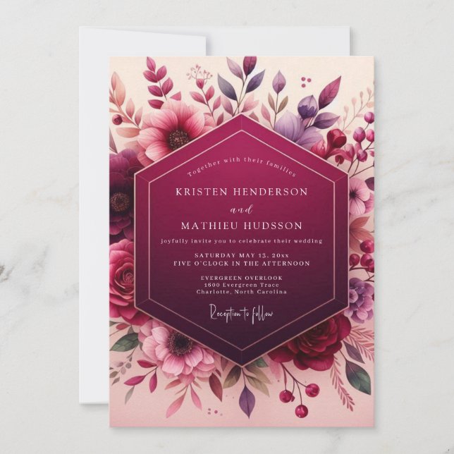 Convites Casamento Floral Romântico de Frutas Profundas (Frente)
