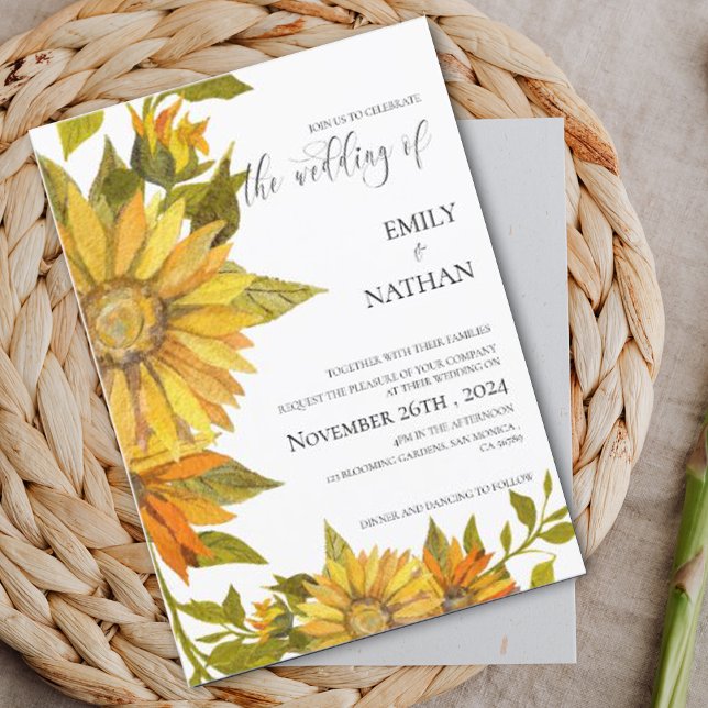 Convites Casamento Floral Romântico de Girassol Amarelo (Romantic Yellow Sunflower Floral Wedding Invitation)