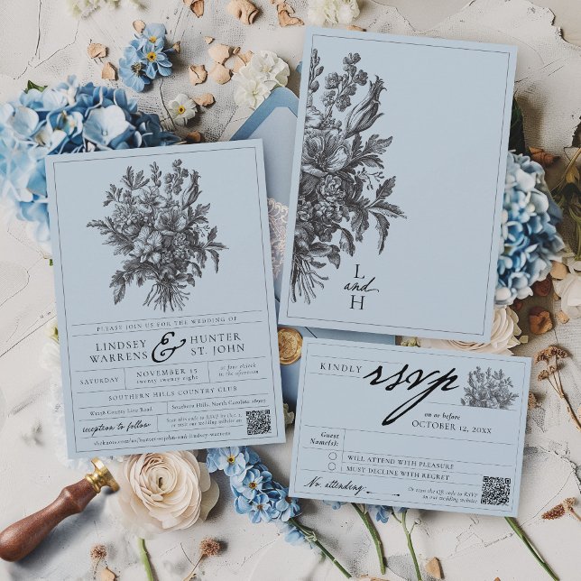 Convites Casamento Floral Romântico de Jardim Romântico Dus (Elegant dusty blue vintage floral romantic garden minimalist QR code classic wedding invitation)