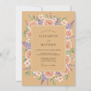 Convites Casamento Floral Romântico de Lavanda e Pêssego