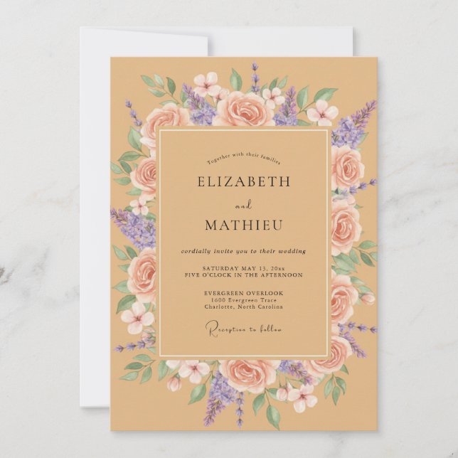 Convites Casamento Floral Romântico de Lavanda e Pêssego (Frente)