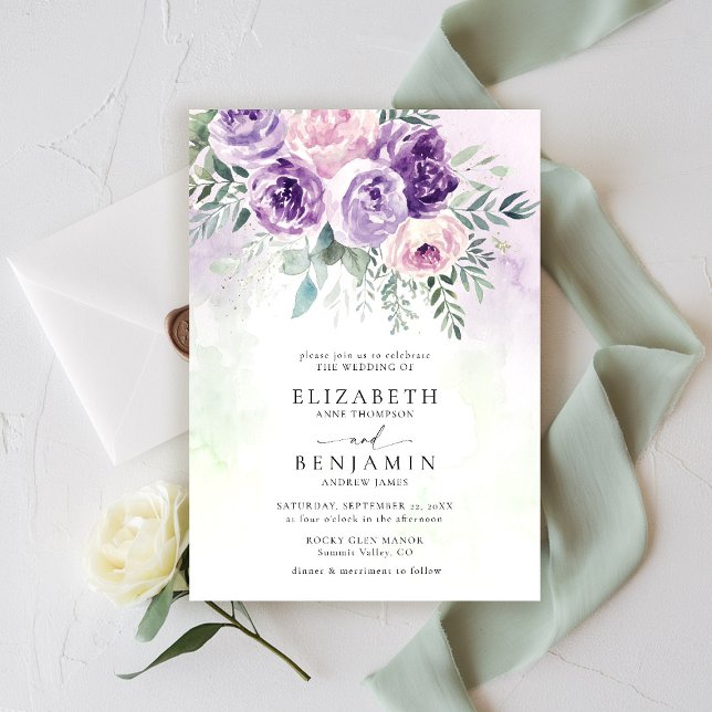 Convites Casamento Floral Romântico de Lavandas Lilás Roxo (purple lavender lilac wedding invitation watercolor floral garden romantic rustic elegant )