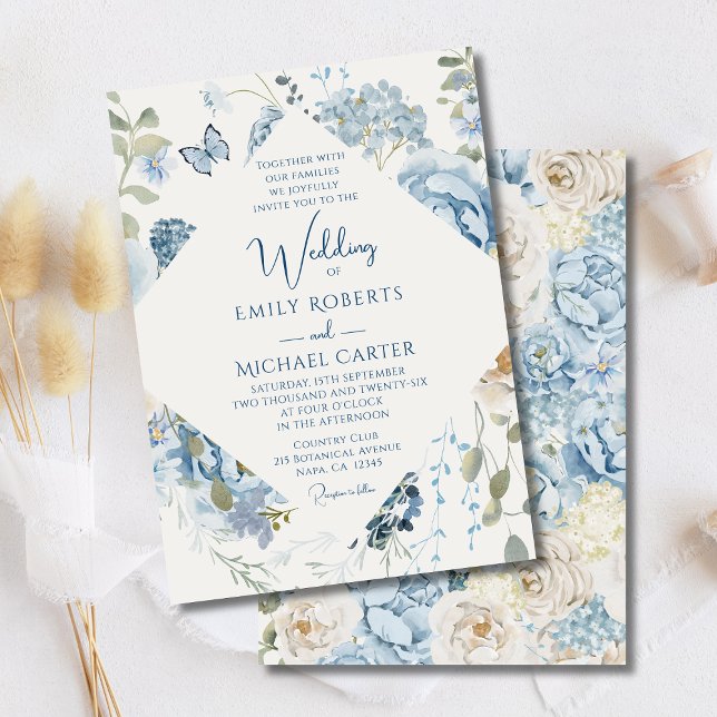 Convites Casamento Floral Romântico de Molas Azuis Azuis (Criador carregado)