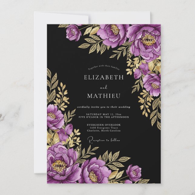 Convites Casamento Floral Romântico Dourado Roxo (Frente)