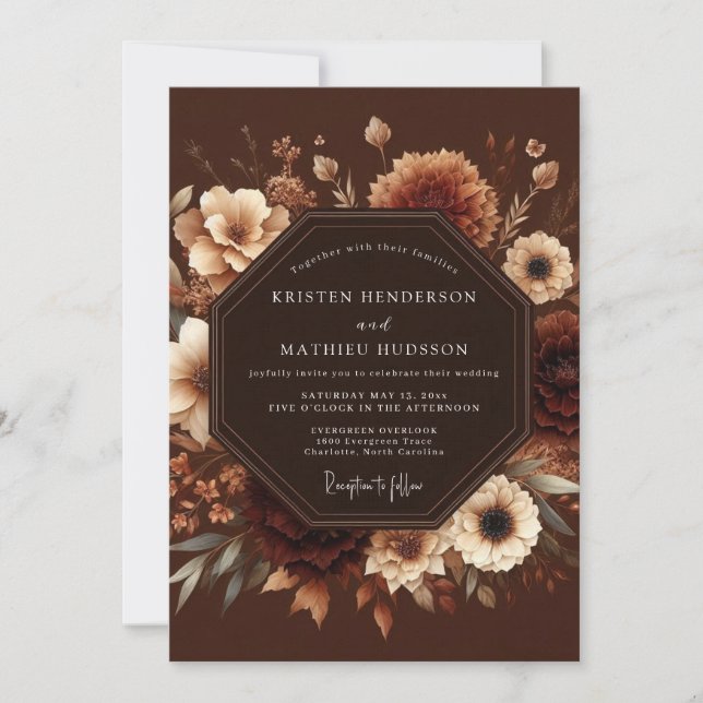 Convites Casamento Floral Romântico e Sombrio Marrom (Frente)