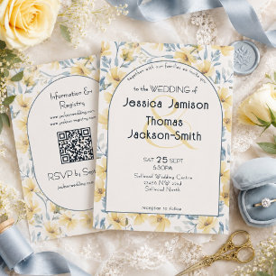 Convites Casamento Floral Romântico em Aquarela Amarela Cla