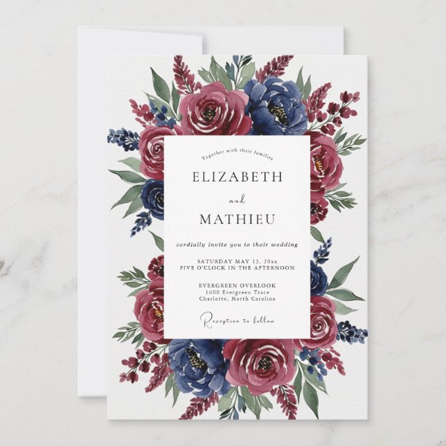 Convites Casamento Floral Romântico em Azul Borgonha (Frente)