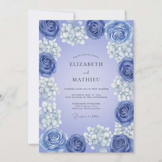 Convites Casamento Floral Romântico em Azul Desbotado (Frente)