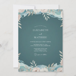 Convites Casamento Floral Romântico em Azul Escuro
