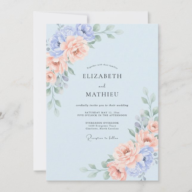 Convites Casamento Floral Romântico em Azul Pastel (Frente)