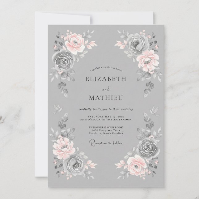 Convites Casamento Floral Romântico em Bege Cinza (Frente)
