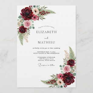 Convites Casamento Floral Romântico em Borgonha com Pincela