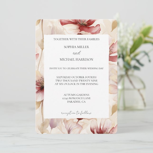 Convites Casamento Floral Romântico em Branco e Vermelho Cr (Em pé/Frente)