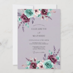Convites Casamento Floral Romântico em Burgundy e Azul Turq